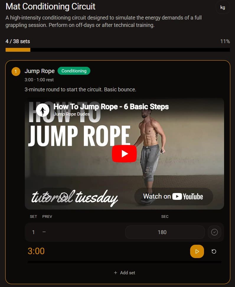 Training plan with prescribed sets and reps next to the student's actual logged workouts